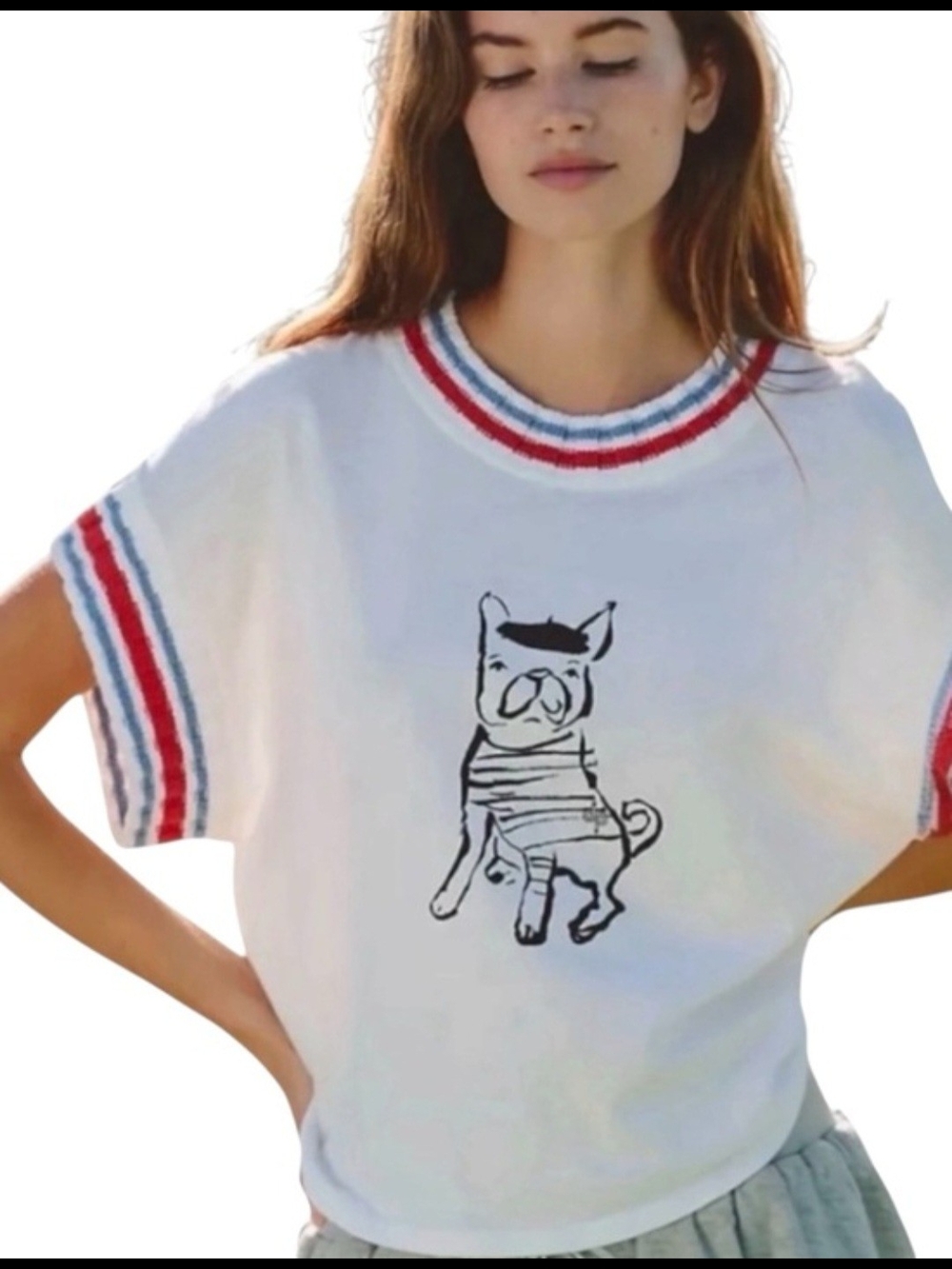 Anthropologie Daily Practice Olivia Sewell Pup Tee Dog Graphic L White Red Blue